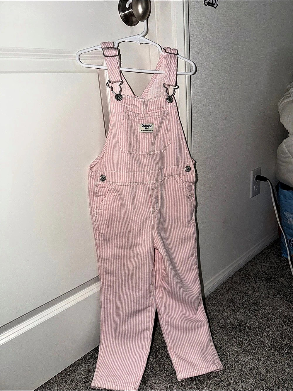 OshKosh B'gosh Toddler Knit Denim Hickory Stripe Overalls - Pink 5T